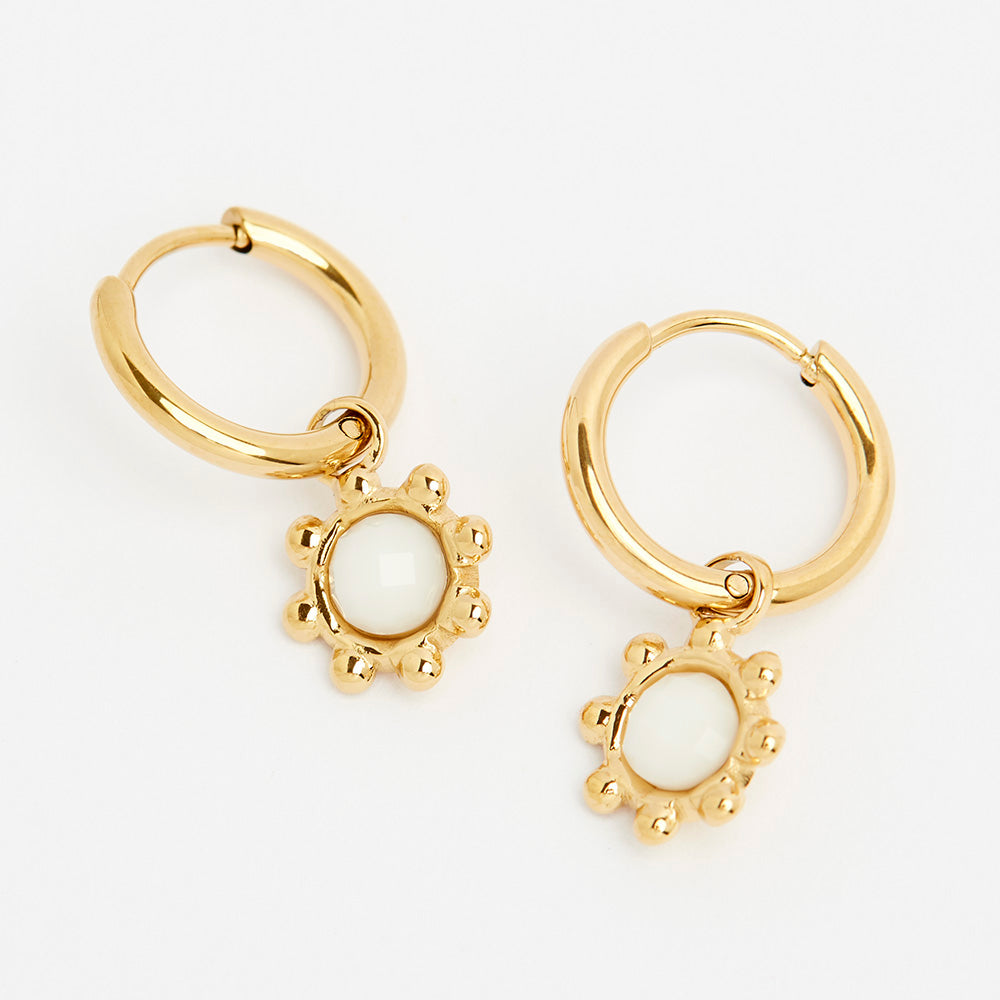 BOUCLES D'OREILLES ACIER PETITE CREOLE ET PENDANTIF BOULE BLANCHE RAYONNANTE
