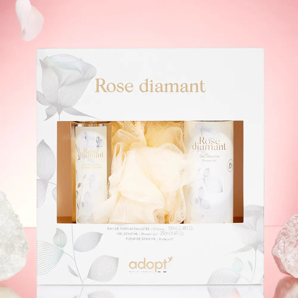 Rose Diamant Coffret eau de parfum 100 ml + gel douche 250 ml + fleur de bain Créé et fabriqué en France