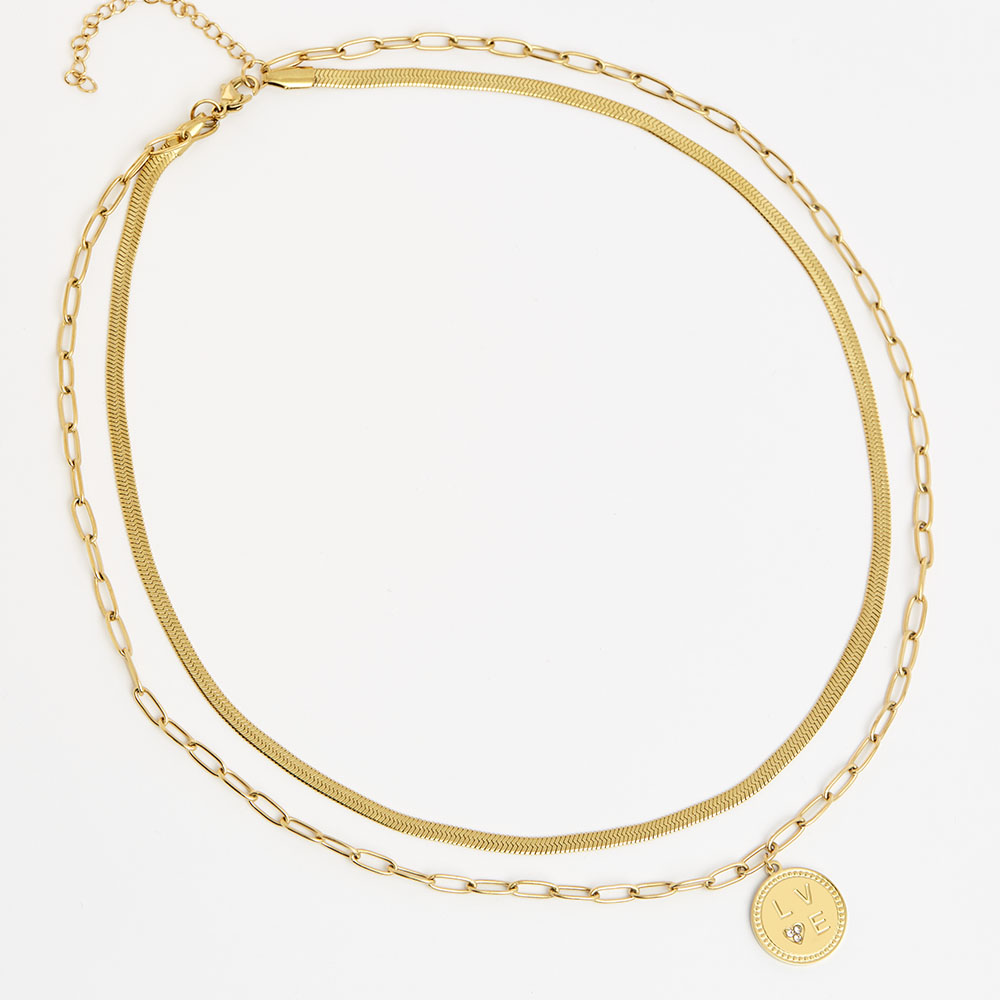COLLIER ACIER DOUBLE RANG CHAINE SERPENT ET MEDAILLON