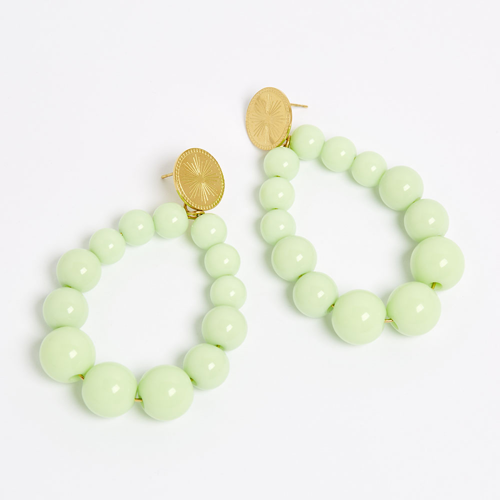 Boucles d oreilles acier puce solaire et goutte a perles couleur vert