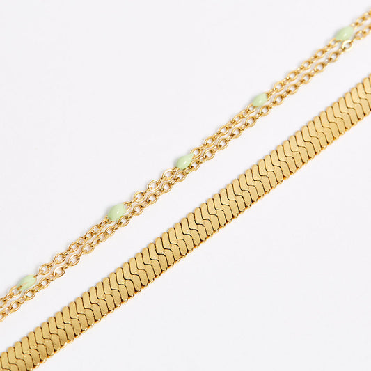 Bracelet acier double avec maillee serpent et chaine boule couleur ver